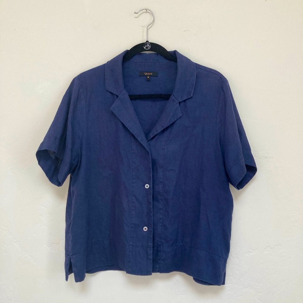 Quince Navy Linen Short Sleeve Button Up Sz M